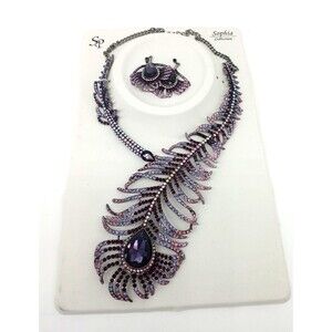 Sophia Purple AB Rhinestone Statement Necklace Earrings Set Peacock Feather